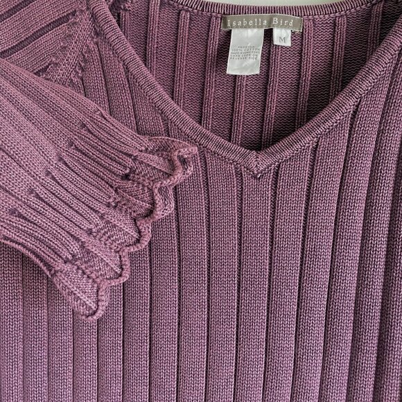 Anthropologie Isabella Bird V Neck Sweater Size M Purple Ribbed Cable Knit - Picture 2 of 10